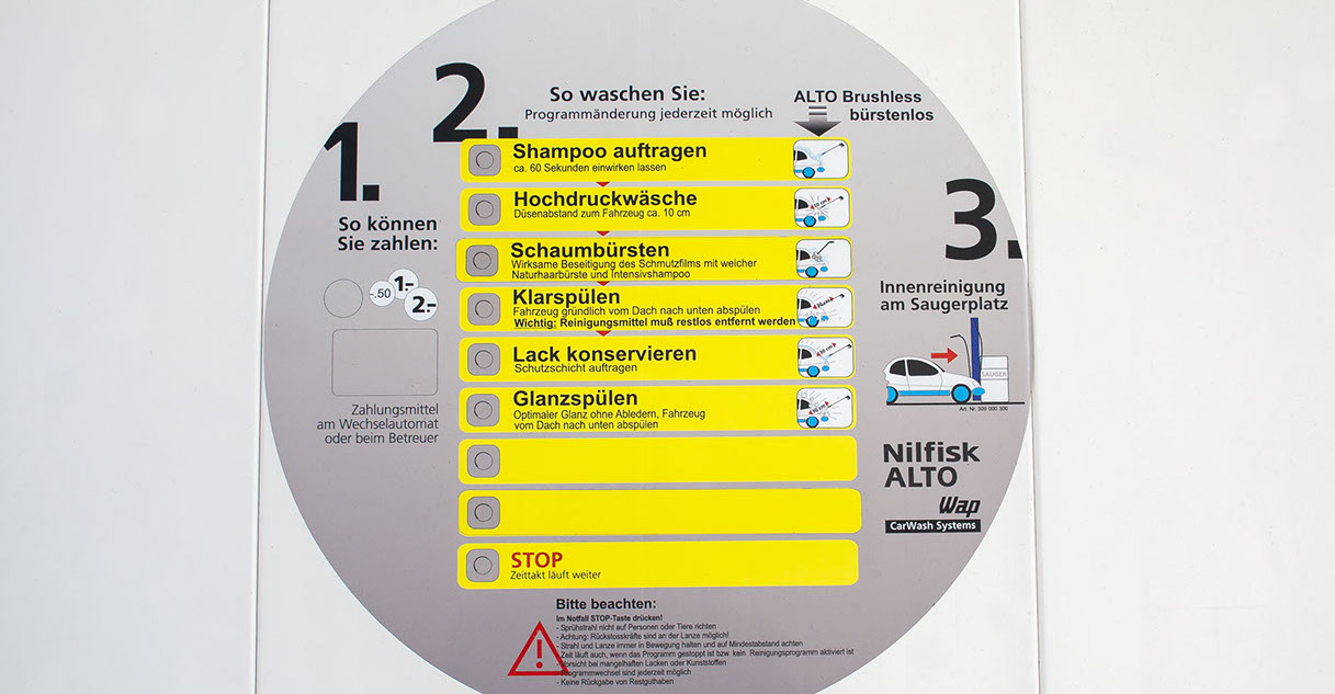 Schild für die Anwendungen der SB-Fahrzeug-Waschboxen, der WAP-Waschanlage Rösrath