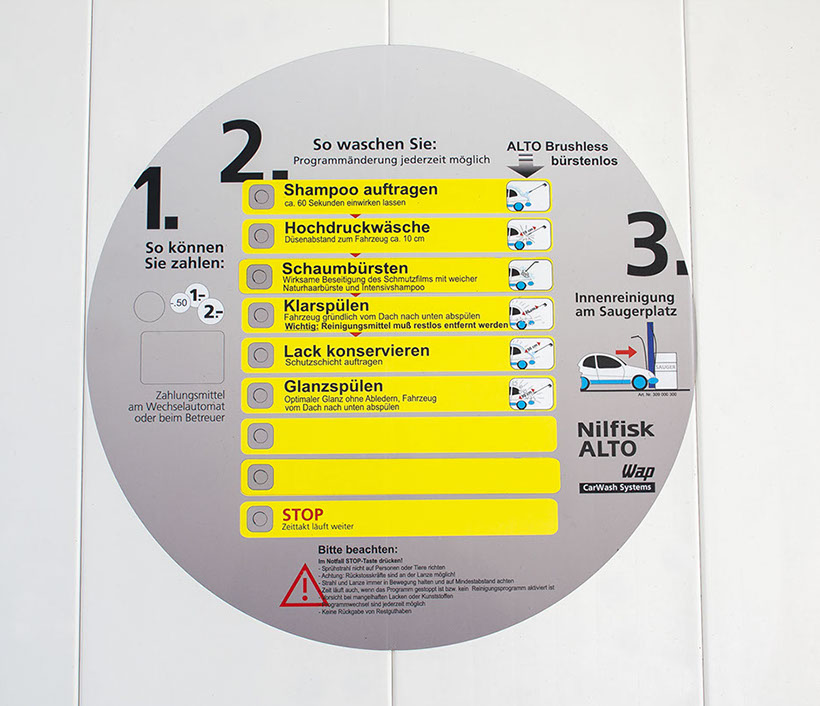 Schild für die Anwendungen der SB-Fahrzeug-Waschboxen, der WAP-Waschanlage Rösrath