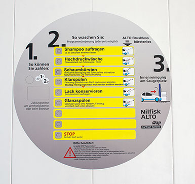 Schild für die Anwendungen der SB-Fahrzeug-Waschboxen, der WAP-Waschanlage Rösrath