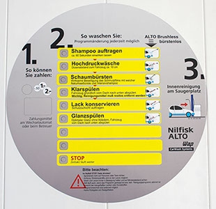 Schild für die Anwendungen der SB-Fahrzeug-Waschboxen, der WAP-Waschanlage Rösrath